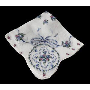 Handkerchief Hanky Hankie Vintage White & Blue with Floral Design